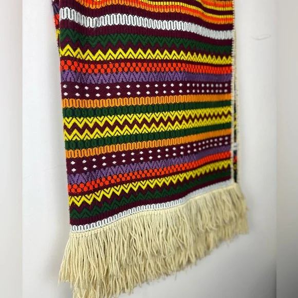 VINTAGE Woven blanket throw wall hanging wool fringe 70s decor boho Aztec 34”x75 - Picture 4 of 10